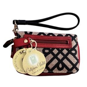 Spartina Wristlet wallet, leather, linen, magnetic closure‎